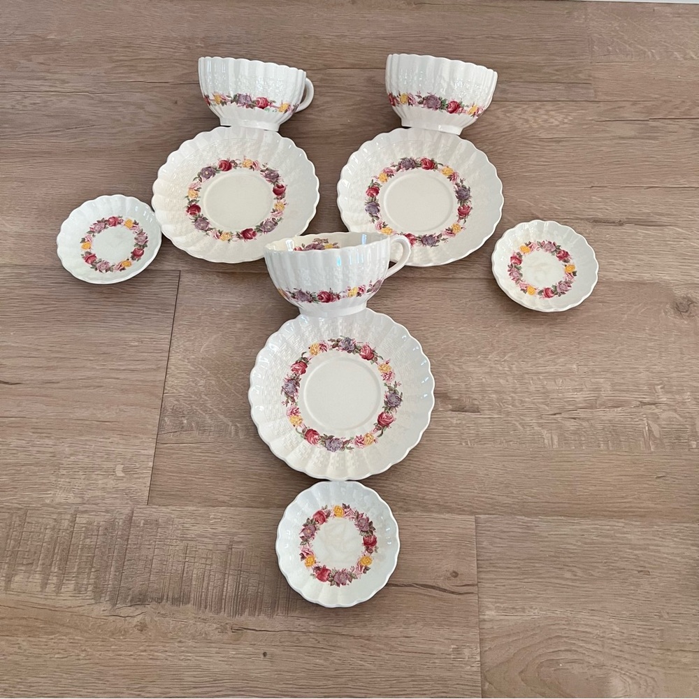 3 Sets 1940s Copeland Spode Rose Briar 3-PCs Setting Teacups Saucers Dishes Vtg‎